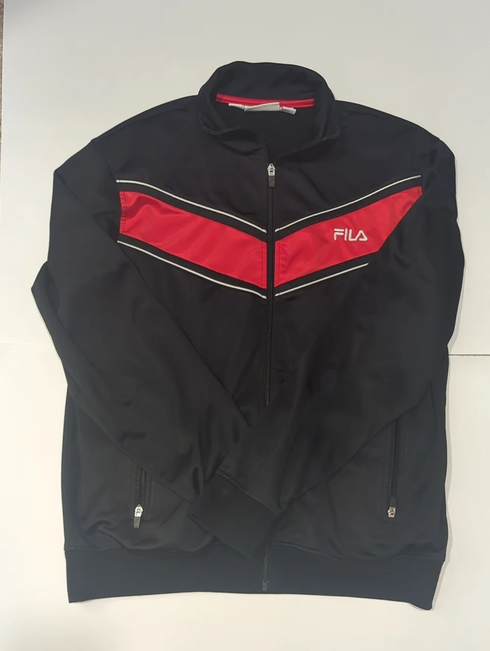 Vintage Fila Full-Zip Track Jacket Black with Red Chevron Detail
